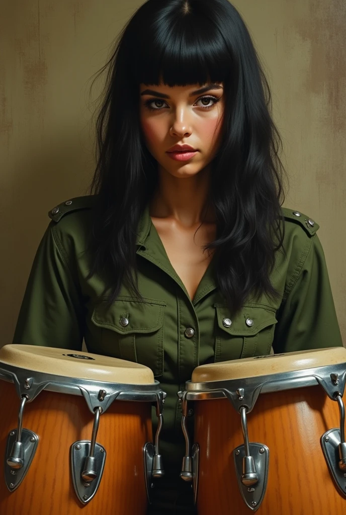 A painting of a light-skinned woman, Looking down, dressed in military green with long black hair with bangs playing the congas