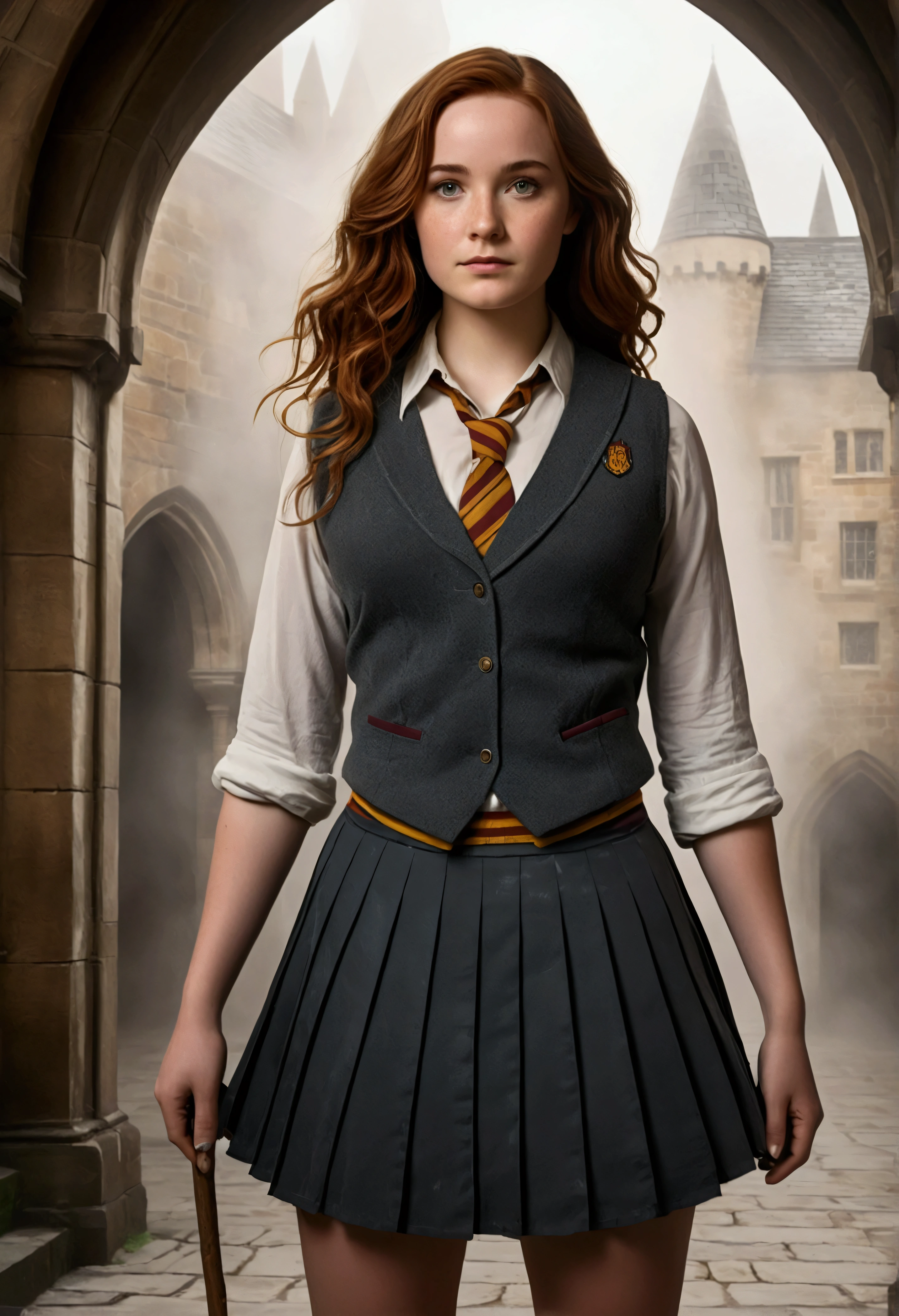 An illustrated movie poster, hand-drawn, full color, a female Hogwarts student, 1, wearing a charcoal vest and a pleated skirt, toned, amazonian stature, athletic hourglass figure, full wide hips, massive round butt, long shapely legs, ridiculously thick powerful thighs, hazel eyes, deep dark auburn hair, long messy waves, flushed sun-kissed complexion, freckles, resembles Genevieve O'Reilly, standing in a foggy Hogwarts courtyard, surrounded by mist, graphite shading, stencil marks, airbrushed acrylic paint, masterpiece, in the Deathly Hallows