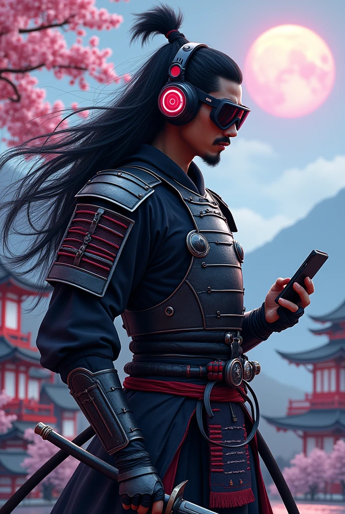 A Indian men Samurai with Headphone And Gaming Fhone And Black Long Hair and Black Goggles 

