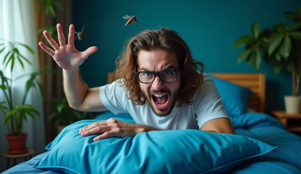 A captivating photograph showcasing a furious guy with long, wavy brown hair and glasses caught in the midst of a mosquito battle in his bedroom at night. He is aggressively swinging his pillow towards the mosquito with fury. The guy is wearing a white t-shirt and has a angry furious look on his face. The mosquito is perched on the wall, buzzing annoyingly as the guy swings his pillow in an attempt to swat it. The room is filled with a variety of bright colors, from the blue bedsheet to the green plants, creating a vivid and lively atmosphere., photo, cinematic