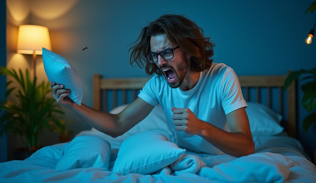 A captivating photograph showcasing a furious guy with long, wavy brown hair and glasses caught in the midst of a mosquito battle in his bedroom at night. He is aggressively swinging his pillow towards the mosquito with fury. The guy is wearing a white t-shirt and has a angry furious look on his face. The mosquito is perched on the wall, buzzing annoyingly as the guy swings his pillow in an attempt to swat it. The room is filled with a variety of bright colors, from the blue bedsheet to the green plants, creating a vivid and lively atmosphere., photo, cinematic