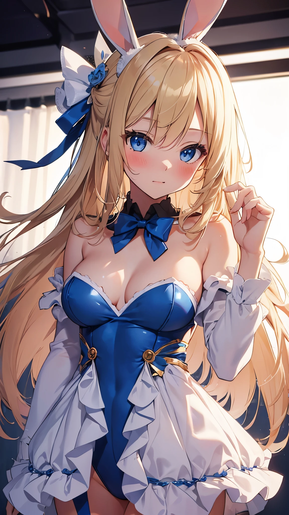 One person, High resolution, Blushing, Blonde, Very long hair, Highest quality, Very detailed, Bunny ears, blue eyes, awkward, Bunny Girl Outfit、