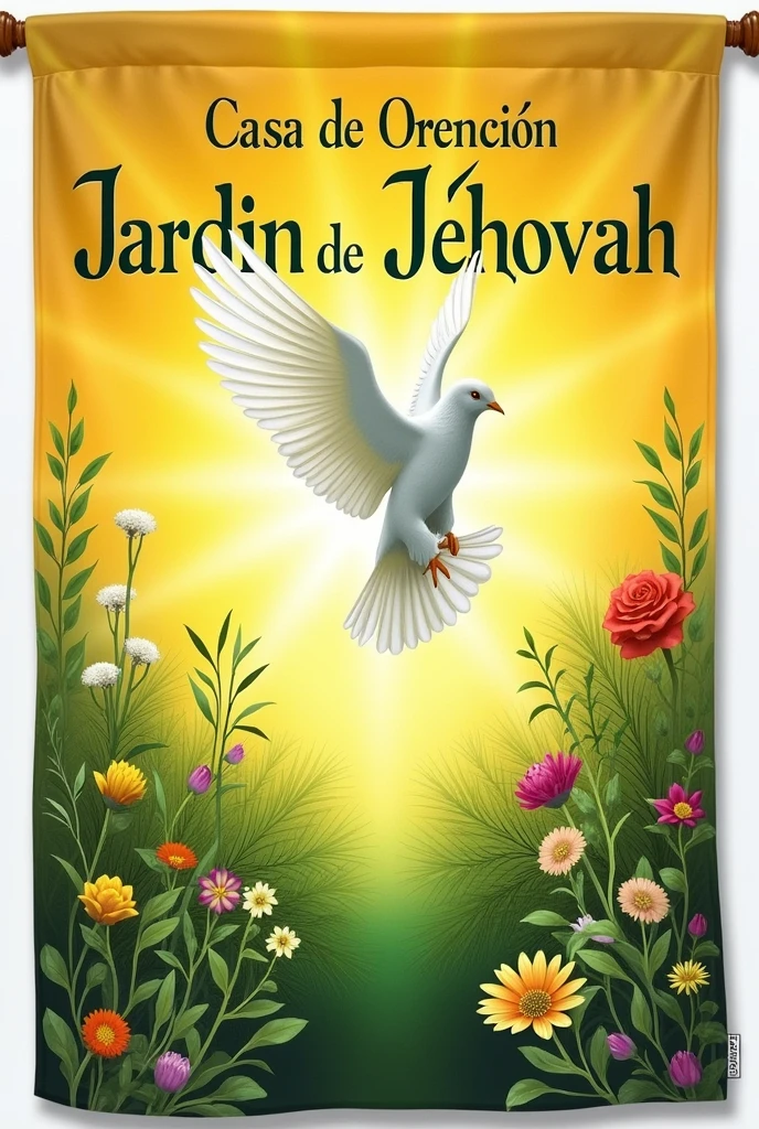 A flag that says house of prayer and below garden of Jehovah with the holy spirit in the form of a dove in the center with a yellow background and flowers on the sides. In Spanish language… and horizontal design, rectangle.. 