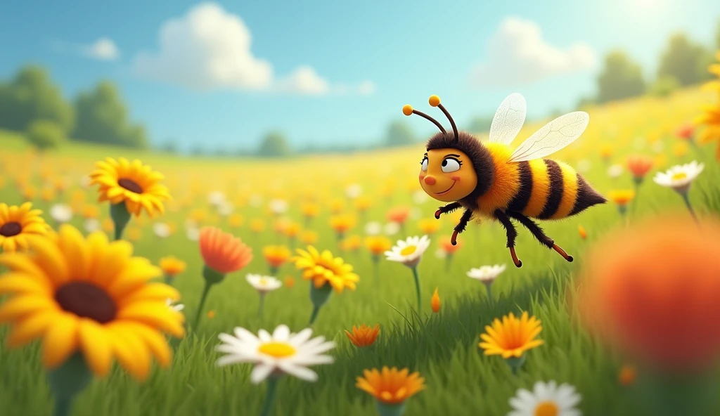 Create a scene where Benny, a clever little bee, is flying swiftly through a colorful meadow filled with vibrant flowers. Benny should have a determined look on his face, his wings beating fast as he zooms past blooming daisies and sunflowers. The background should be lively, with the bright, sunny sky above and the meadow stretching out in all directions, full of rich, green grass and colorful blossoms. The scene should capture Benny’s quick thinking and resourcefulness as he rushes back to the meadow, ready to put his plan into action.