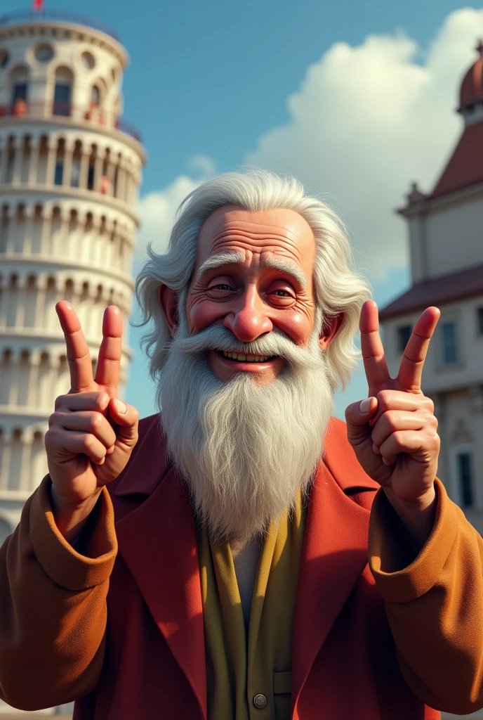 Photorealistic image of Leonardo da Vinci as an old man, looking at me smiling and making the V for victory, with the Leaning Tower of Pisa behind