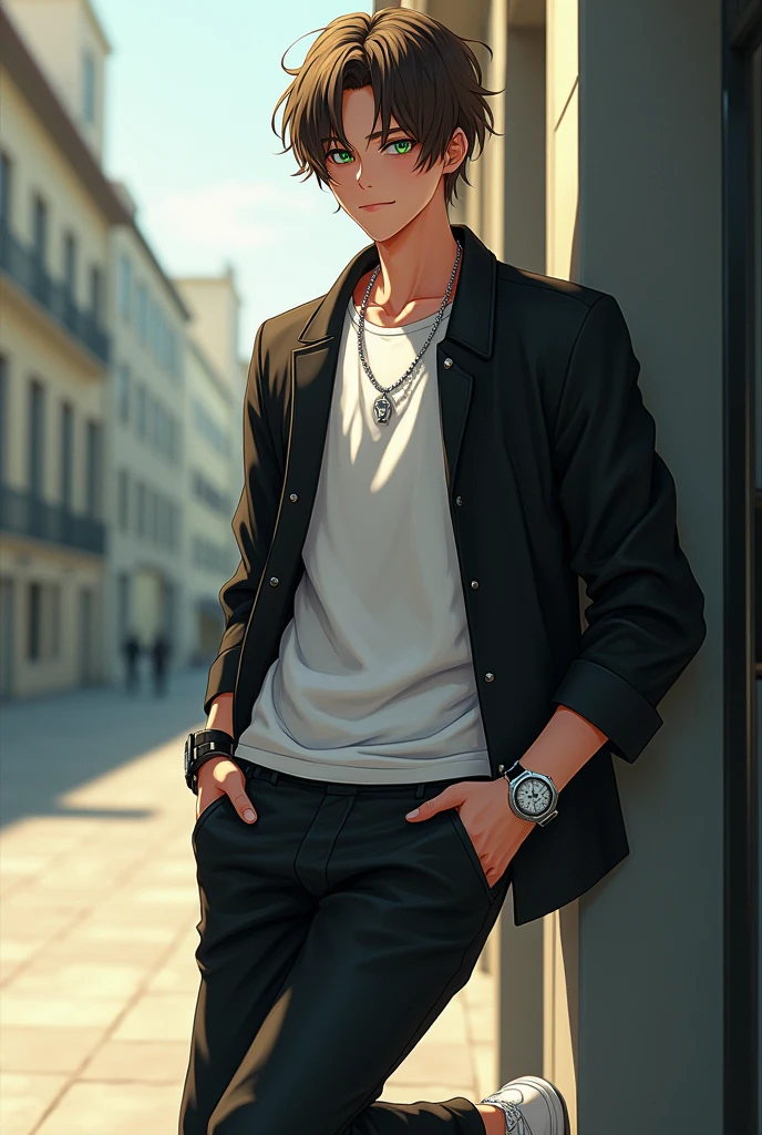 A tall 16-year-old anime fantasy boy who looks 20 years old, with shiny green eyes and rather serious, with a stylish black school jacket with locked buttons and white T-shirt under it and expensive white sneakers , neat brown hair and a devilish smile on his lips, his look is hokey from his kindness. He leans his head against the wall, his hand in his pocket and one leg against the wall, he looks at you with a proud look. His silver necklace and expensive silver watch shine in the sun