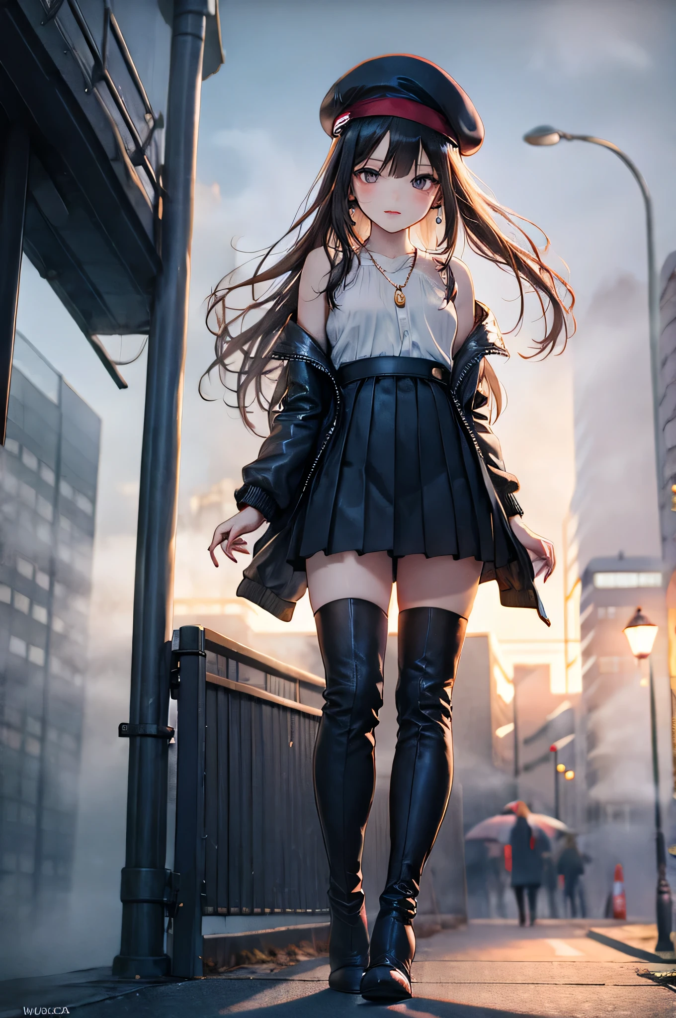 ((Biologically correct limb count, From head to toe,Full-body photo including face,4K,masterpiece,Focus on the face)),((Symmetrical facial features)),Eyes with detailed description,Beautiful woman,Great style,Beautiful arms,Beautiful legs,Beautiful Hands,(Small ,Thin thighs),Detailed depiction of the face,Small earrings,necklace,(Navy leather clothes,skirt((High heels,Thigh-high boots))),Fantastic photos,Shortcuts,Stand at an angle,Alluring,beret,(Outdoor,Tokyo in the early morning with thick fog;1.2),(More than one person:-1)