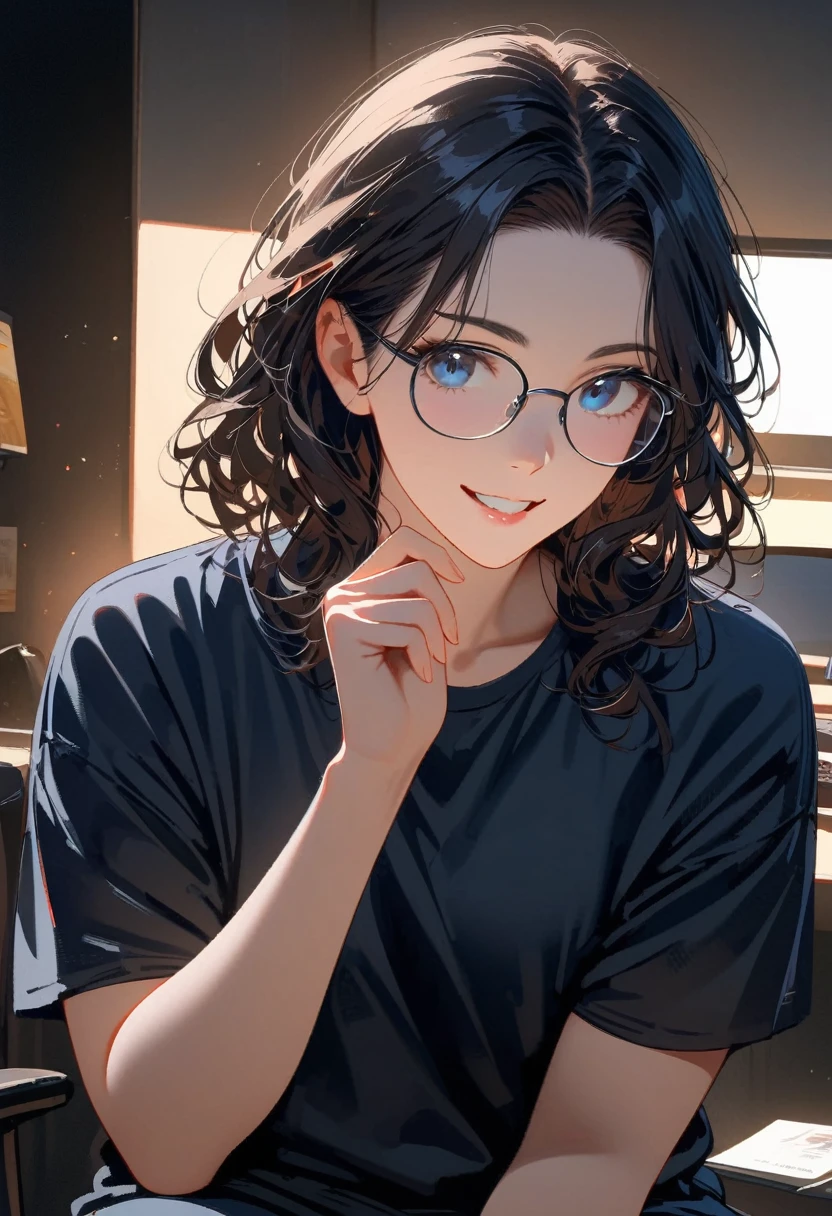 (best quality,4K,8K,high resolution,masterpiece:1.2),Very detailed,(Practical,photoPractical,photo-Practical:1.37),1 person,Mature man,Beautiful Skin、contour、very handsome,wear glasses,Black curly hair,Smile,,blue eyes,Sharp eyes,Undoubtedly perfect face,Office Background,Cinema Lighting,hdr image,Black T-shirt