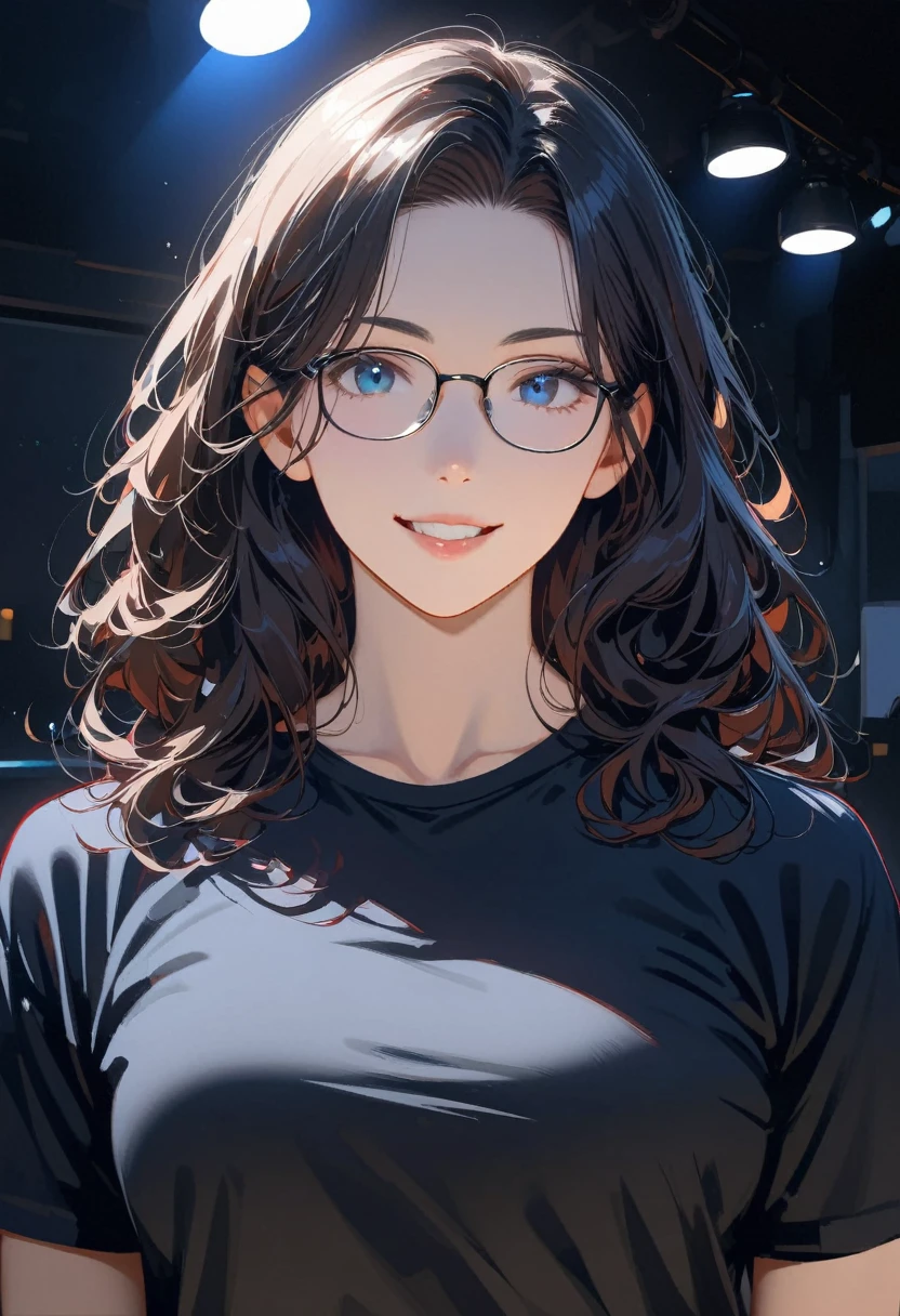 (best quality,4K,8K,high resolution,masterpiece:1.2),Very detailed,(Practical,photoPractical,photo-Practical:1.37),1 person,Mature man,Beautiful Skin、contour、very handsome,wear glasses,Black curly hair,Smile,,blue eyes,Sharp eyes,Undoubtedly perfect face,Office Background,Cinema Lighting,hdr image,Black T-shirt