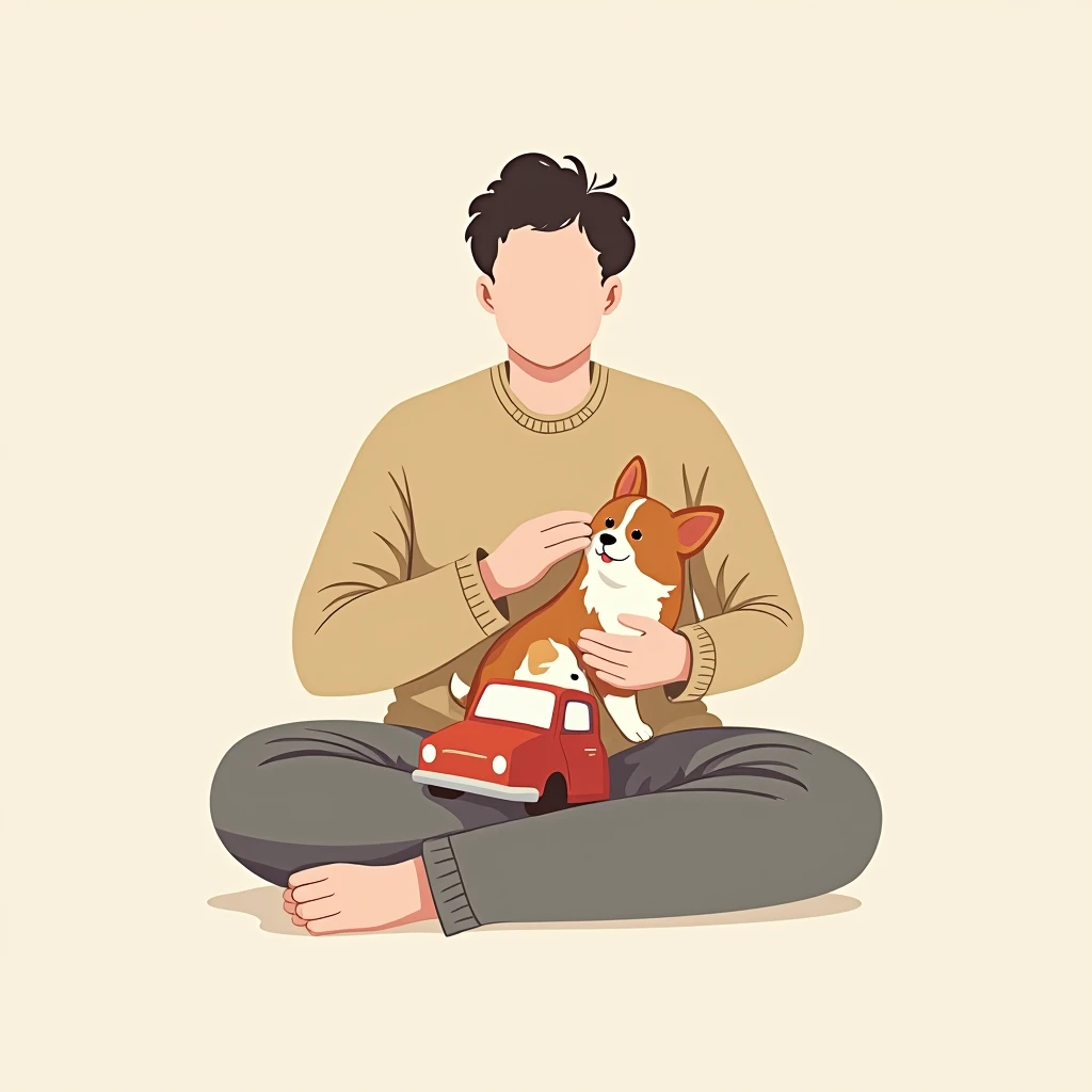 Create a logo with a faceless man petting a corgi puppy and a ragdoll car on his lap, illustration, logo design