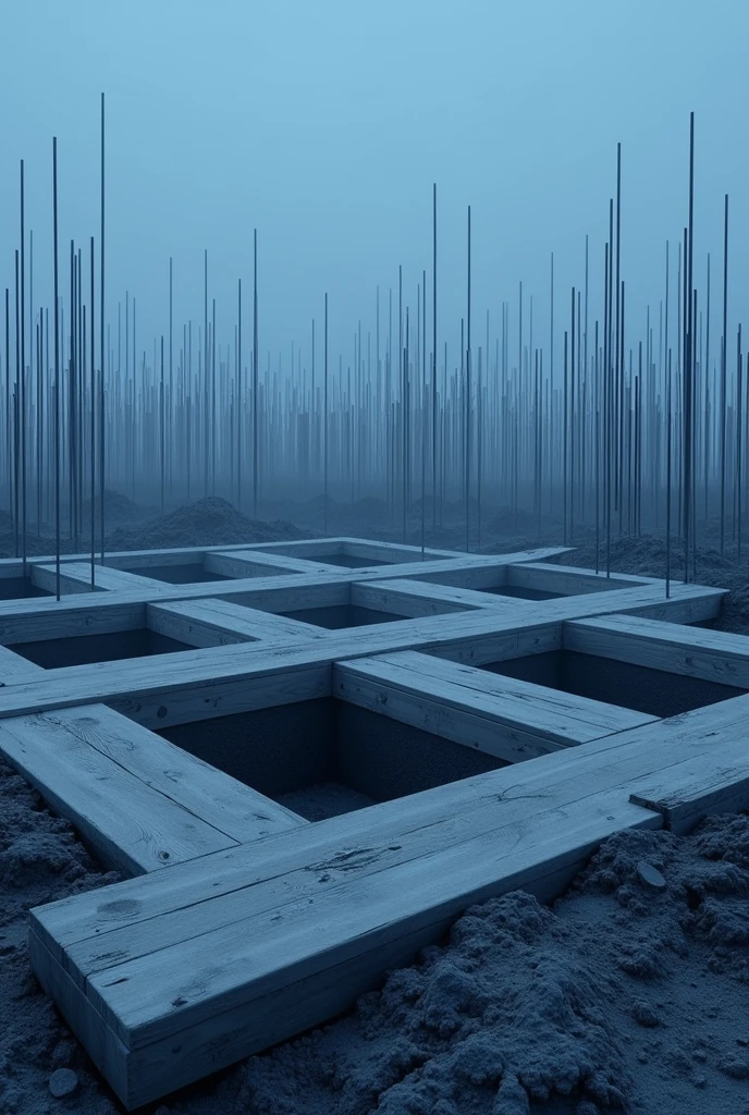 Realistic 8K image capturing the beginning of a construction. The scene shows the construction template made of wood, marking the position of the structures, and square holes dug in the ground for the placement of the footings. The image is dominated by shades of blue, gifts in heaven, in the shadows, and in details of the materials used. The color palette creates a visual contrast with the wood of the template and the ground, highlighting the organization and planning required at this early stage of construction.