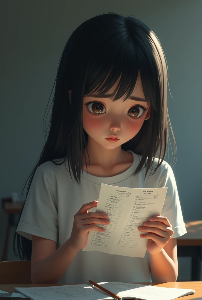 A girl looking at her failed score on a test paper