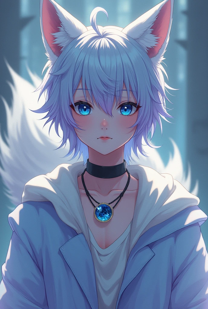 Boy between 16 and with white fox ears and tail and waist-length hair with blue and purple heterochromia , with a black necklace with a 5cm round pendant of translucent blue crystal attached to the choker
