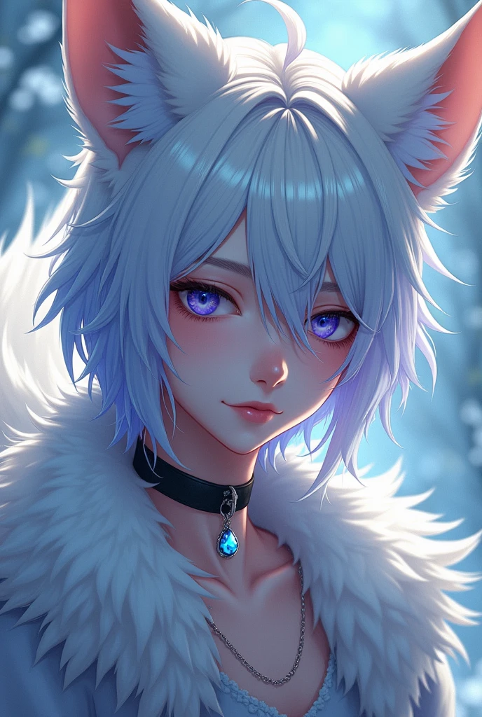 Boy between 16 and with white fox ears and tail and waist-length hair with blue and purple heterochromia , with a black necklace with a 5cm round pendant of translucent blue crystal attached to the choker