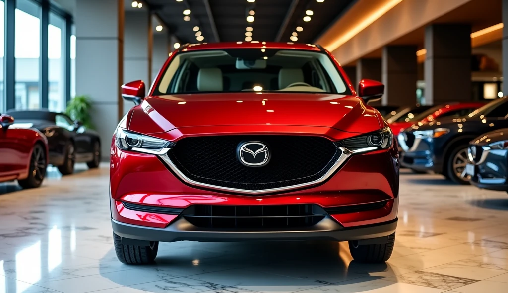 2025 Mazda CX-5 color red fornt side view in luxury showroom
