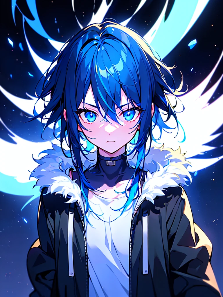 [(BLACK BACKGROUND:1.5),::5], ((((masterpiece)))), high quality, ultra very high resolution, full color, (((solo))), ((little boy)), BLACK short hair, ((Blue streaked hair)), (oriental deepblue eyes), anime, ((upper body)), Summer clothes, neon light, black parka, glaring