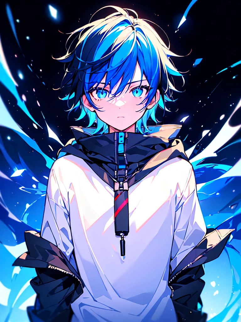 [(BLACK BACKGROUND:1.5),::5], ((((masterpiece)))), high quality, ultra very high resolution, full color, (((solo))), ((little boy)), BLACK short hair, ((Blue streaked hair)), (oriental deepblue eyes), anime, ((upper body)), Summer clothes, neon light, black parka, glaring