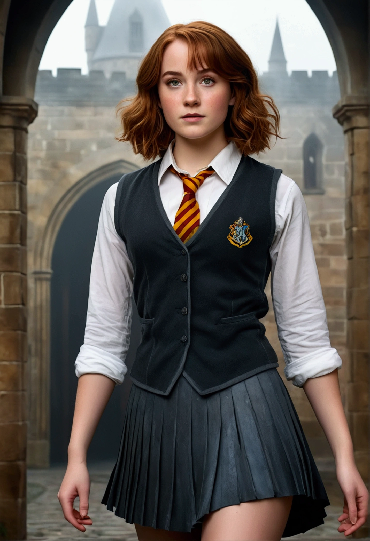 An illustrated movie poster, hand-drawn, full color, a female Hogwarts student, 1, wearing a charcoal vest and a pleated skirt, toned, amazonian stature, athletic hourglass figure, full wide hips, massive round butt, long shapely legs, ridiculously thick powerful thighs, hazel eyes, deep dark auburn hair, short curly bob cut, flushed sun-kissed complexion, freckles, resembles Genevieve O'Reilly, standing in a foggy Hogwarts courtyard, surrounded by mist, graphite shading, stencil marks, airbrushed acrylic paint, masterpiece, in the Deathly Hallows 