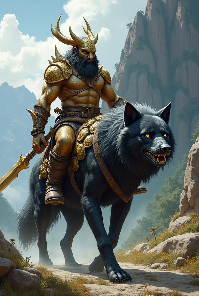 Create an image of a D character&D 5e dragonborn druid of golden scales who has a rapier made of bone and a shield of turtle shell as his druidic focus he wears clothes made of animal skins and bones, riding a black dire wolf with yellow eyes
