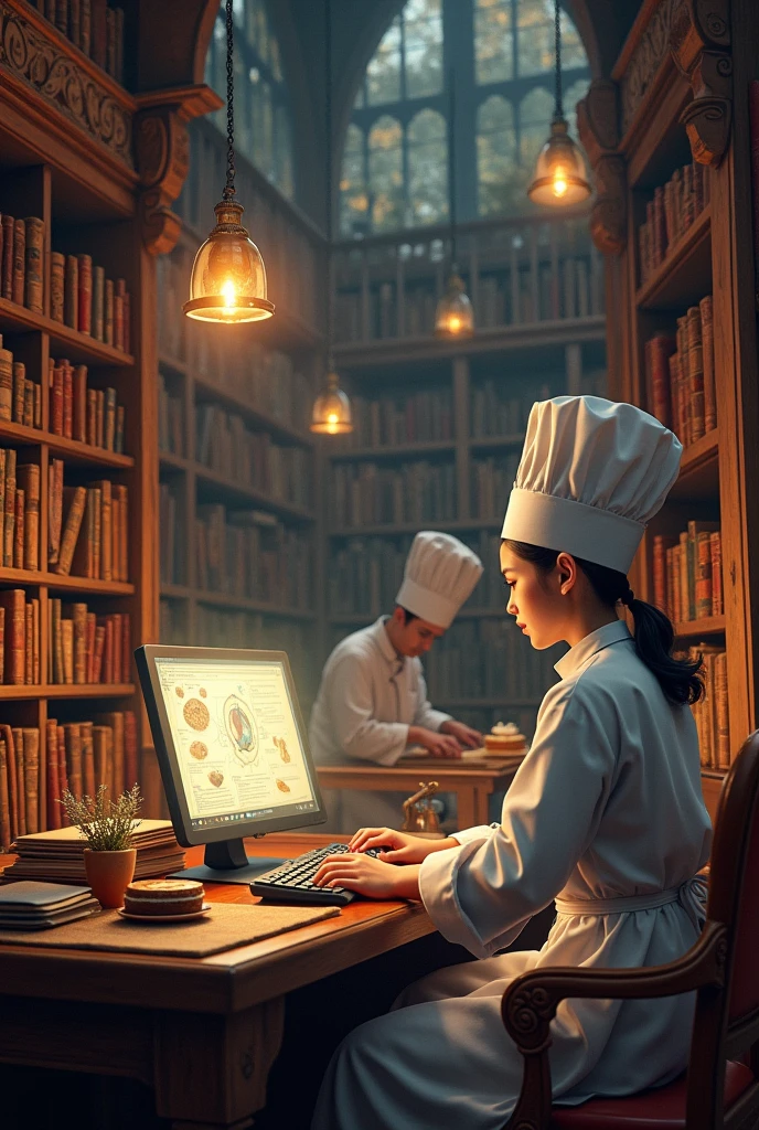 A library of fantasy books, a pc gamer and pastry

