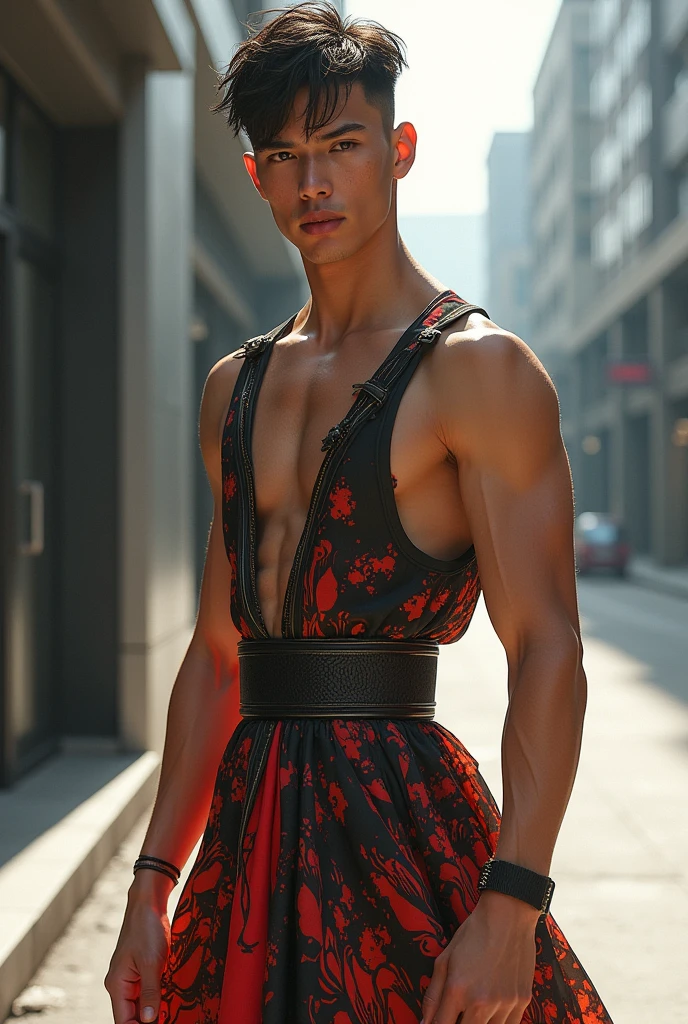 A 18 year old boy wearing a trendy dress 