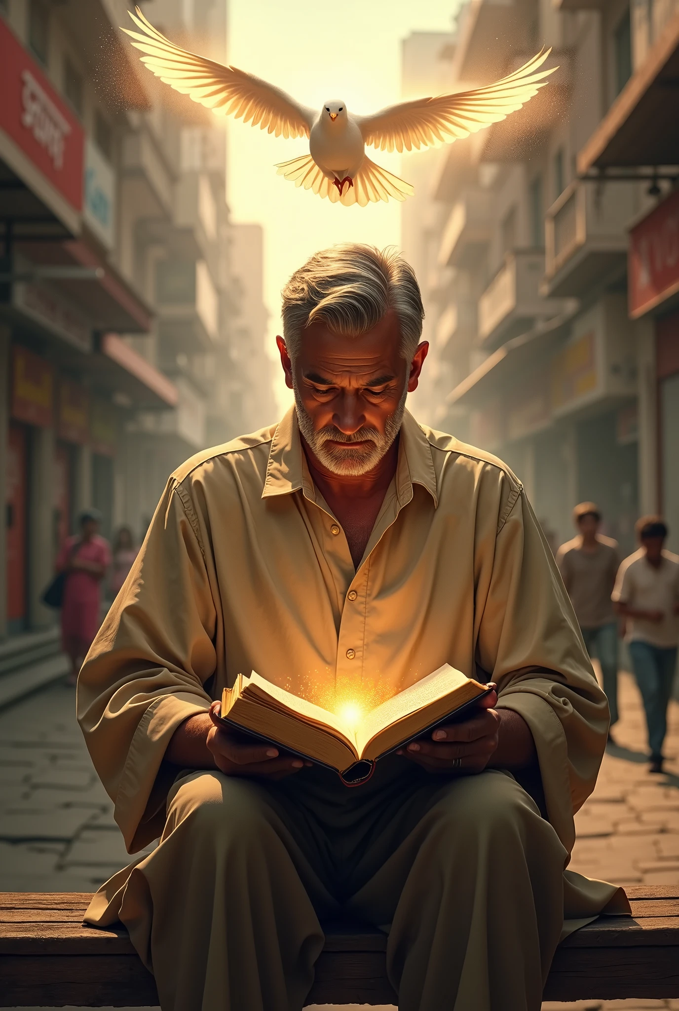one  men , reading the holy bible, sitting on a bench in the city, and in heaven, a dove with a brightness and a shining light towards the bible, square dimension