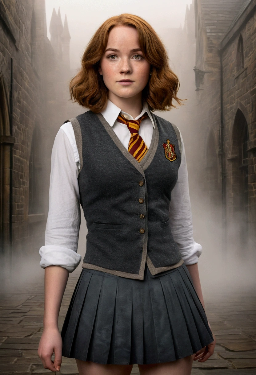 An illustrated movie poster, hand-drawn, full color, a female Hogwarts student, 1, wearing a charcoal vest and a pleated skirt, toned, amazonian stature, athletic hourglass figure, full wide hips, massive round butt, long shapely legs, ridiculously thick powerful thighs, hazel eyes, deep dark auburn hair, short curly bob cut, flushed sun-kissed complexion, freckles, resembles Genevieve O'Reilly, standing in a foggy Hogwarts courtyard, surrounded by mist, graphite shading, stencil marks, airbrushed acrylic paint, masterpiece, in the Deathly Hallows
