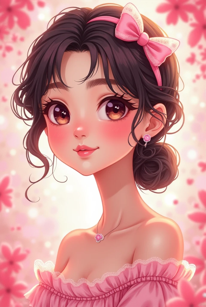 Please draw me a sweet beauty. She should be sweet and cute.,The comic style should have pink elements