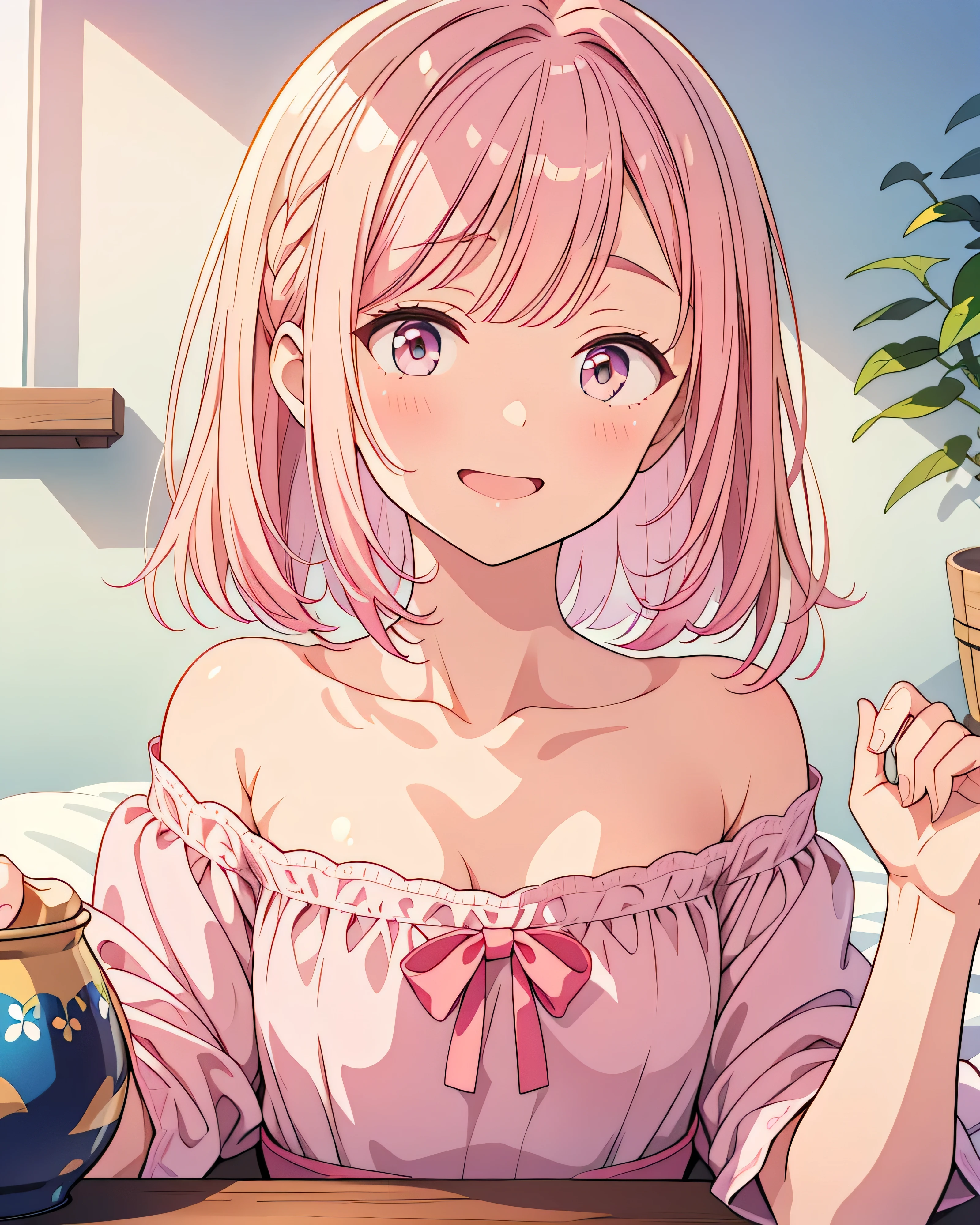Highest quality, 32K, High resolution, masterpiece:1.5, Beautiful Japanese Girl, Small Face Beauty, An exceptionally beautiful face, Perfect Human Anatomy, Colorful Nemophila Fields, Lie on your back, Close your eyes and laugh, ((Shiny pink gold hair:1.1)), ((Medium Hair)), Asymmetrical bangs, Hair between the eyes, Transparent, soft white skin, Sharp eyebrows, Transparent air, Summer sunshine