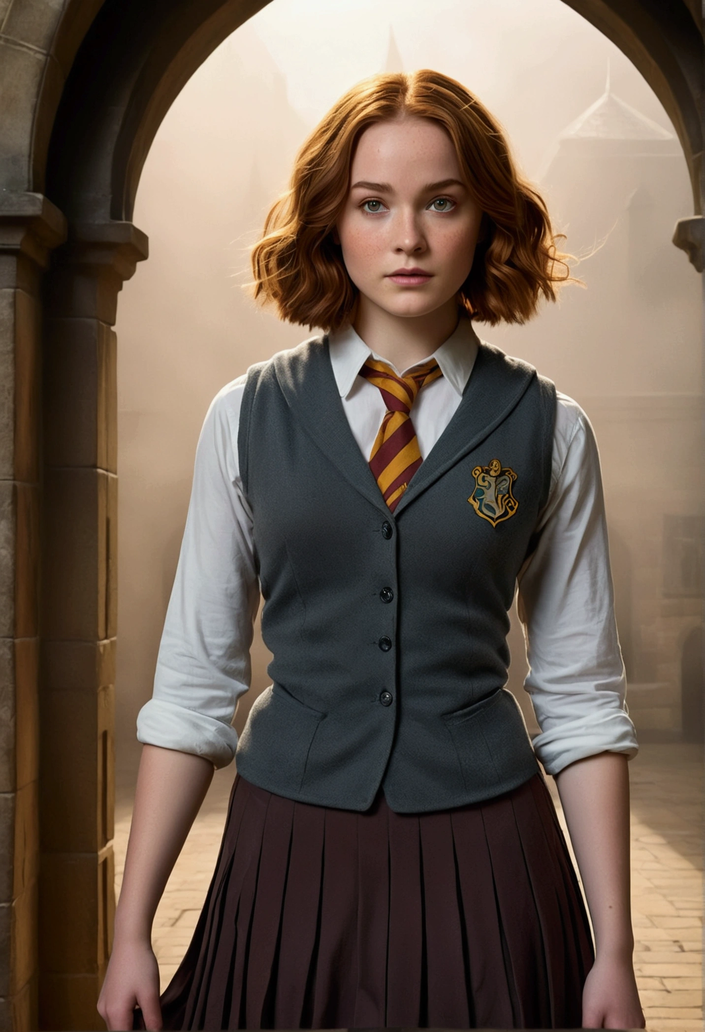 An illustrated movie poster, hand-drawn, full color, a female Hogwarts student, 1, wearing a charcoal vest and a pleated skirt, toned, amazonian stature, athletic hourglass figure, full wide hips, massive round butt, long shapely legs, ridiculously thick powerful thighs, hazel eyes, deep dark auburn hair, short curly bob cut, flushed sun-kissed complexion, freckles, resembles Genevieve O'Reilly, standing in a foggy Hogwarts courtyard, surrounded by mist, graphite shading, stencil marks, airbrushed acrylic paint, masterpiece, in the Deathly Hallows 