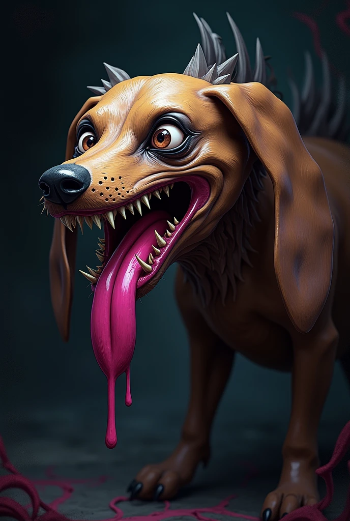 I created an image of a tribal sausage dog, just the head, in an anime-themed horror style with pink drool. 