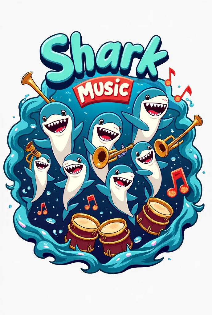 A logo that has happy, animated sharks and has trumpets, timpani, lyres, and says shark music Bad