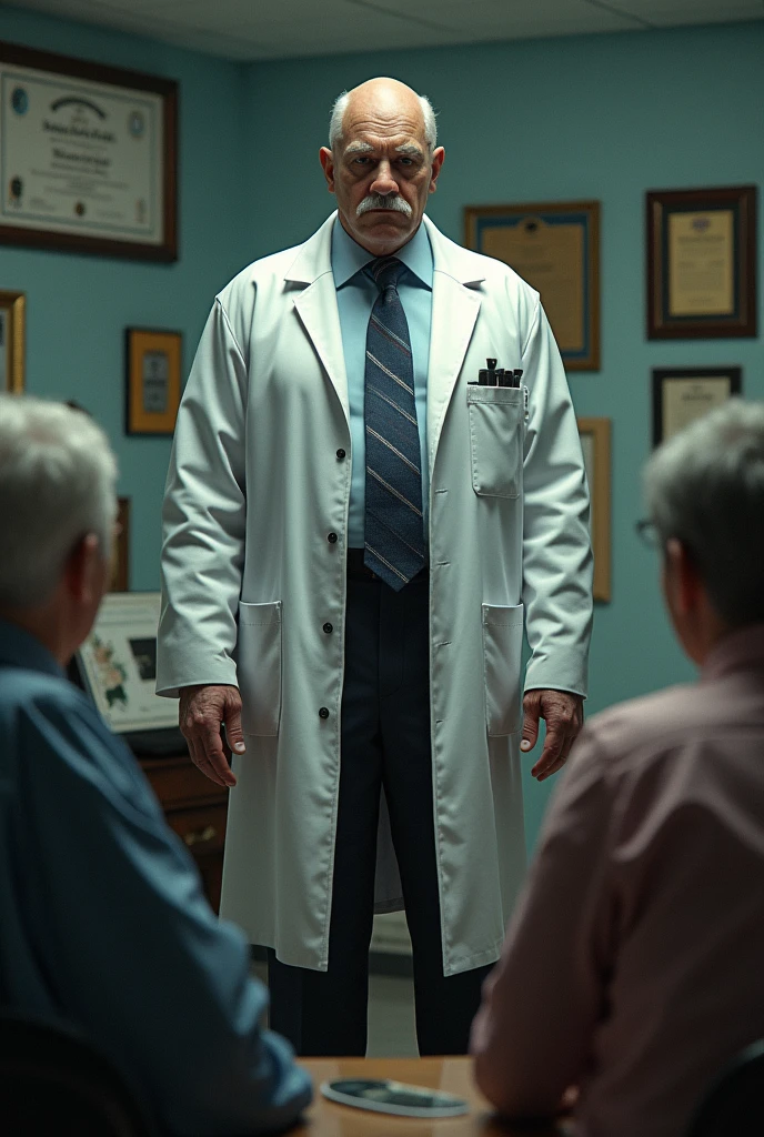 Doctor who treats his patients badly and only cares about money, with a background full of diplomas and awards 