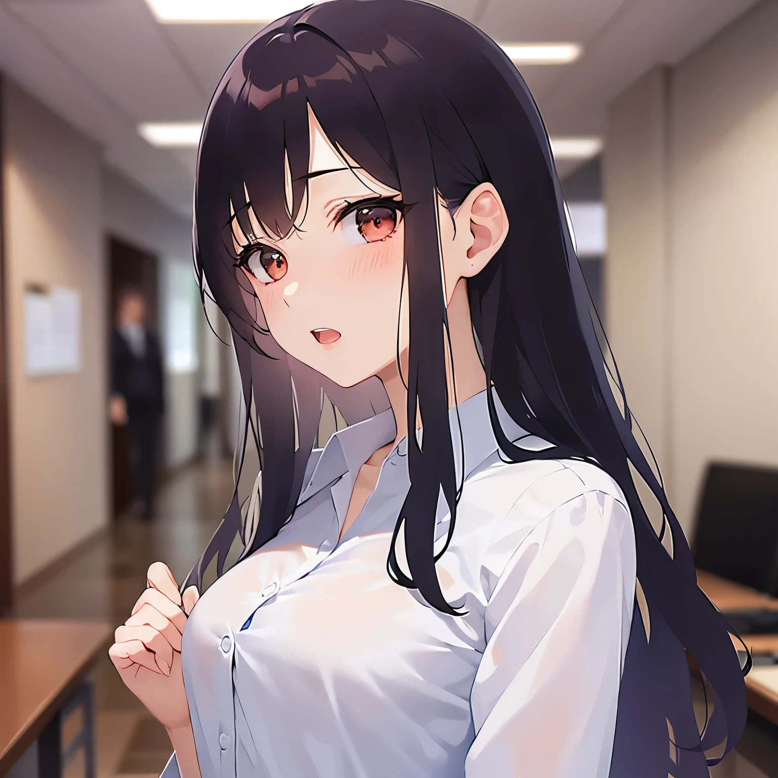 (Wearing a business suit:1.5) and (Wearing a white collared shirt)、(looking at viewer:1.5)Upper Body,Side shot、
Realistic, real person, (pale skin: 1.2), RAW photo, photorealistic, shiny skin, shiny hair、(A 25-year-old woman with medium-length hair and bangs) and (wavy hair) and (brown hair) and (orange eyes) ,
(blush:1.5),shy,open mouth,The background is the conference room、(alone:1.5)