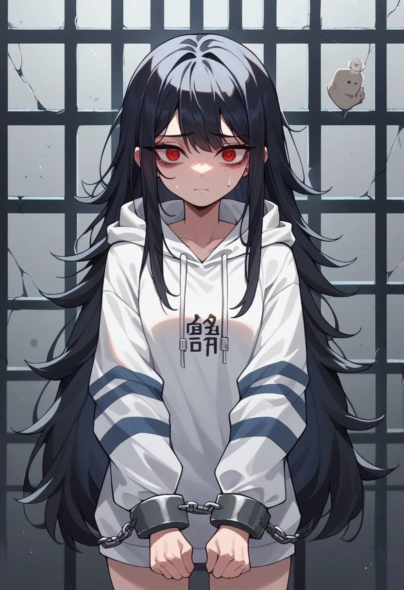 Runaway Girl,prison,female,korean,Dongtaenun,red eyes,long hair,black hair,alone,White hoodie,sadness,aggro,shackles,prisoner