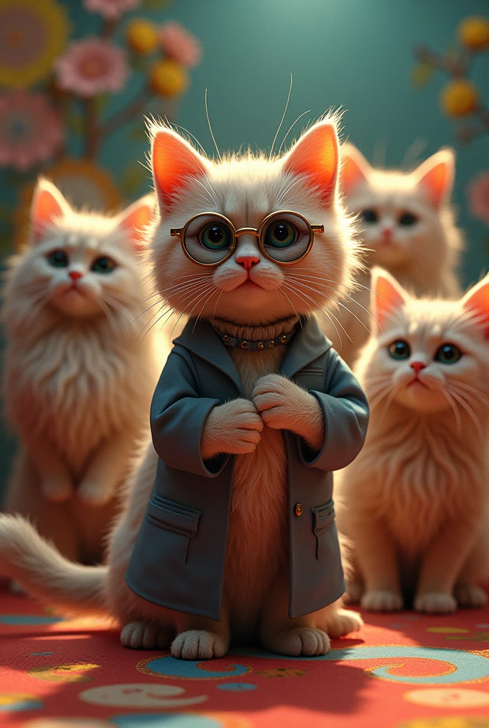 Showa era kitten、Forming the Beatles band Filming, Expressionism, Pop Art, realism, Cinematic light effects, 3D Rendering, C4D, Ultra-detailed, The members are、3 long hair、1 normal、1 Sunglasses、1 Long-haired cat with round glasses