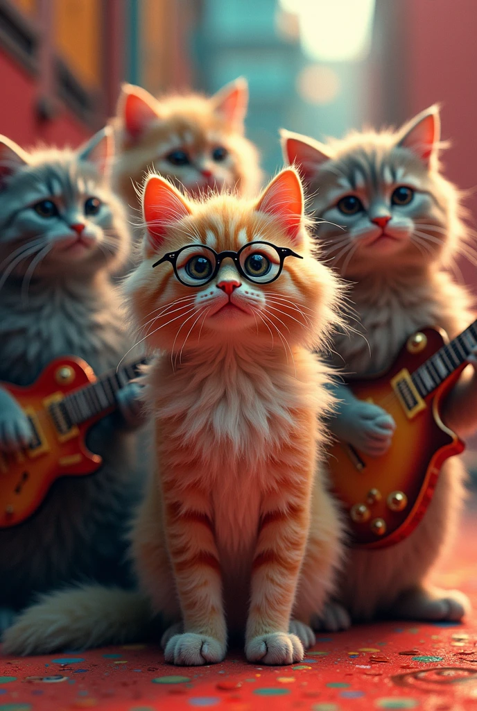 Showa era kitten、Forming the Beatles band Filming, Expressionism, Pop Art, realism, Cinematic light effects, 3D Rendering, C4D, Ultra-detailed, The members are、3 long hair、1 normal、1 Sunglasses、1 Long-haired cat with round glasses