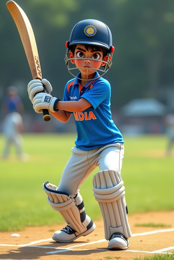 A boy MS Dhoni batting and Indian t-shirt name harsh