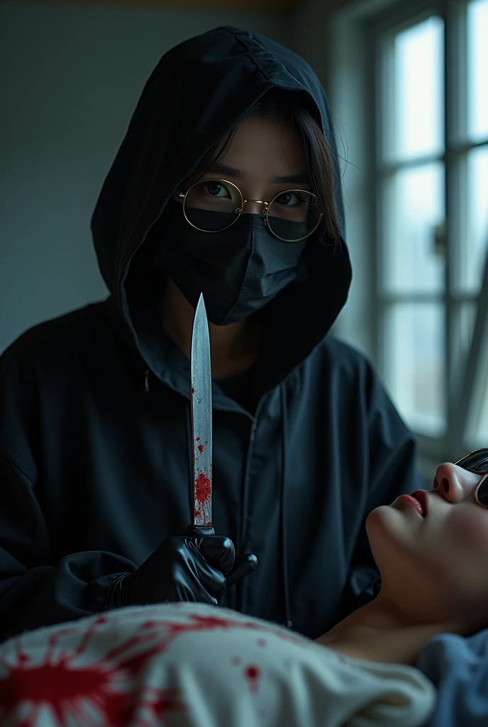 korean girl, (behind stiff, holding knife), stabbing, black surgical mask, black gloves, sunglasses, dark room, night, black raincoat, hood up, holding knife, black gloves, 20 years old, woman on top, behind cadaver, blood splatter, on the bed, looking at viewer, mass murderer, killer, blood splatter, by the window
