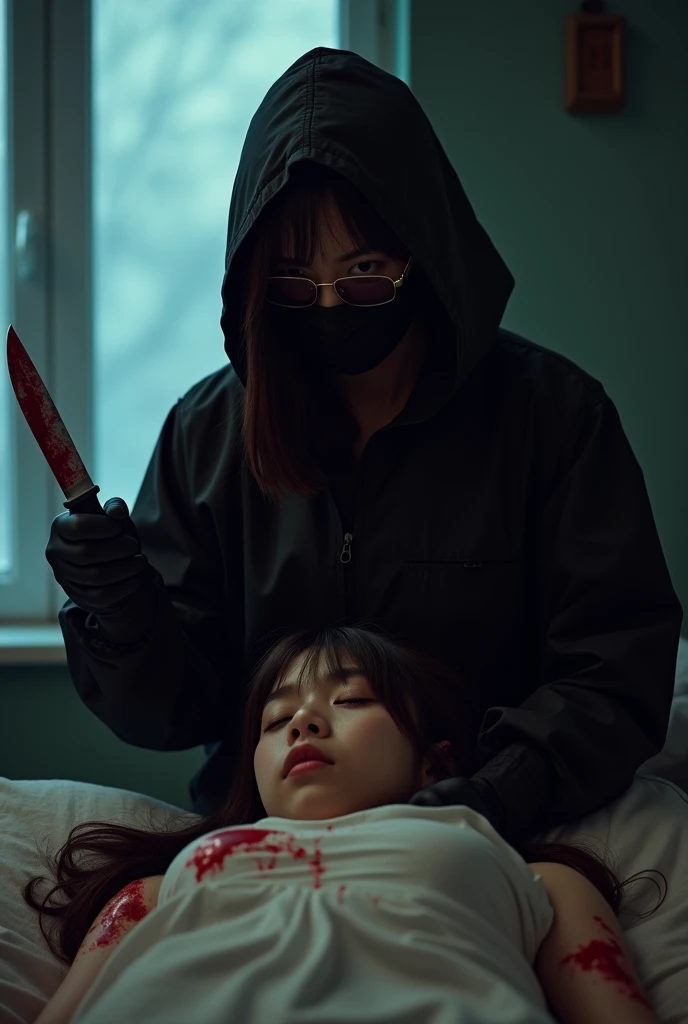 korean girl, (behind stiff, holding knife), stabbing, black surgical mask, black gloves, sunglasses, dark room, night, black raincoat, hood up, holding knife, black gloves, 20 years old, woman on top, behind cadaver, blood splatter, on the bed, looking at viewer, mass murderer, killer, blood splatter, by the window