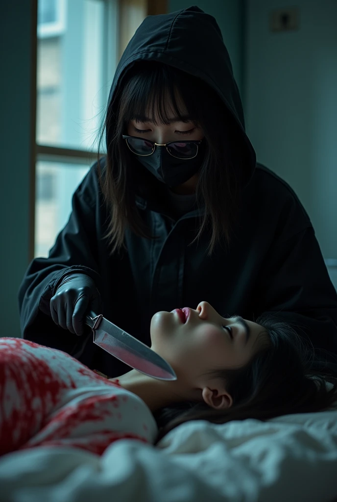 korean girl, (behind stiff, holding knife), stabbing, black surgical mask, black gloves, sunglasses, dark room, night, black raincoat, hood up, holding knife, black gloves, 20 years old, woman on top, behind cadaver, blood splatter, on the bed, looking at viewer, mass murderer, killer, blood splatter, by the window
