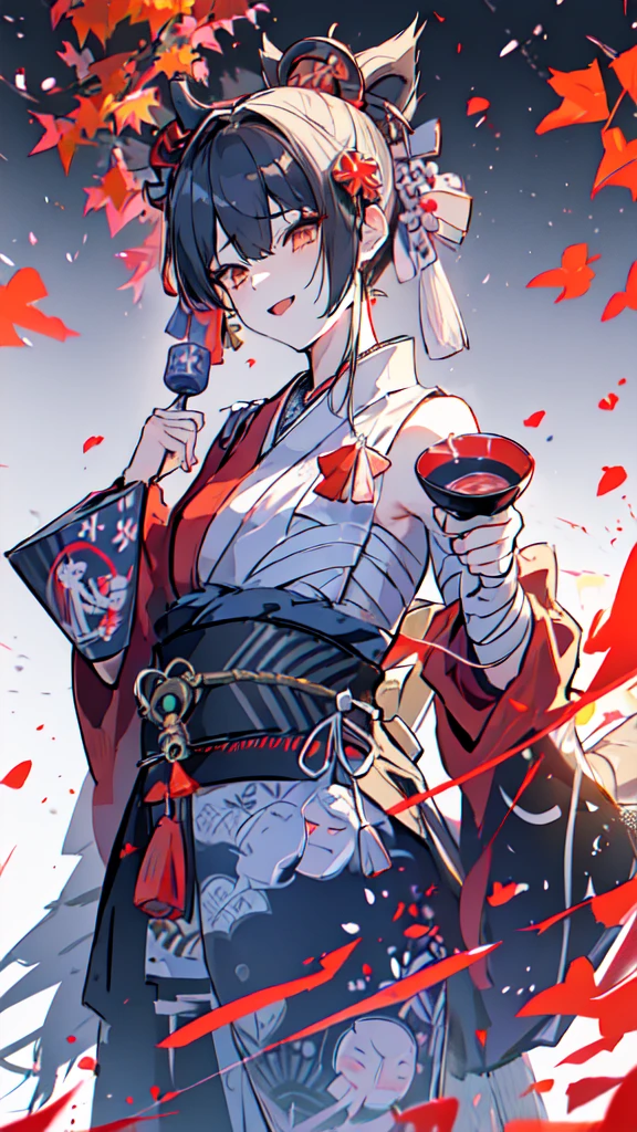 (((((roll up bandage sideways on a chest tightly to cover the chest without gaps))))), (((bandage samweways))),, ((Japanese Gangster BOSS)), adult vampire woman with the dignified presence, Killing Qi, wear nothing around shoulder, wear nothing around neck, wear the kimono, wear it below the waist, I wind it up to control it, and to attach it, ((kimono come off)) ,wear the kimono multiple times, black and gold kimono, put on over jacket of kimono, a sword on the ground, long sword, low angle, whole body, anime character, Glaring, off sholder, Excellent, can see both shoulder, long kimono hem, small face, big tattoo on the arm,muscular,((((holding Japanese sake with sake cup)))), The kimono is spreading,ultra-detailed,super beautiful,Masterpiece,Killing Qi,Intimidation, a person,Selfish person,Ginkgo biloba pattern,Under the trees with autumn leaves,tall,Imposing,colorful kimono,Circular tattoo on the back,can see back, (((Hearty laughter)))