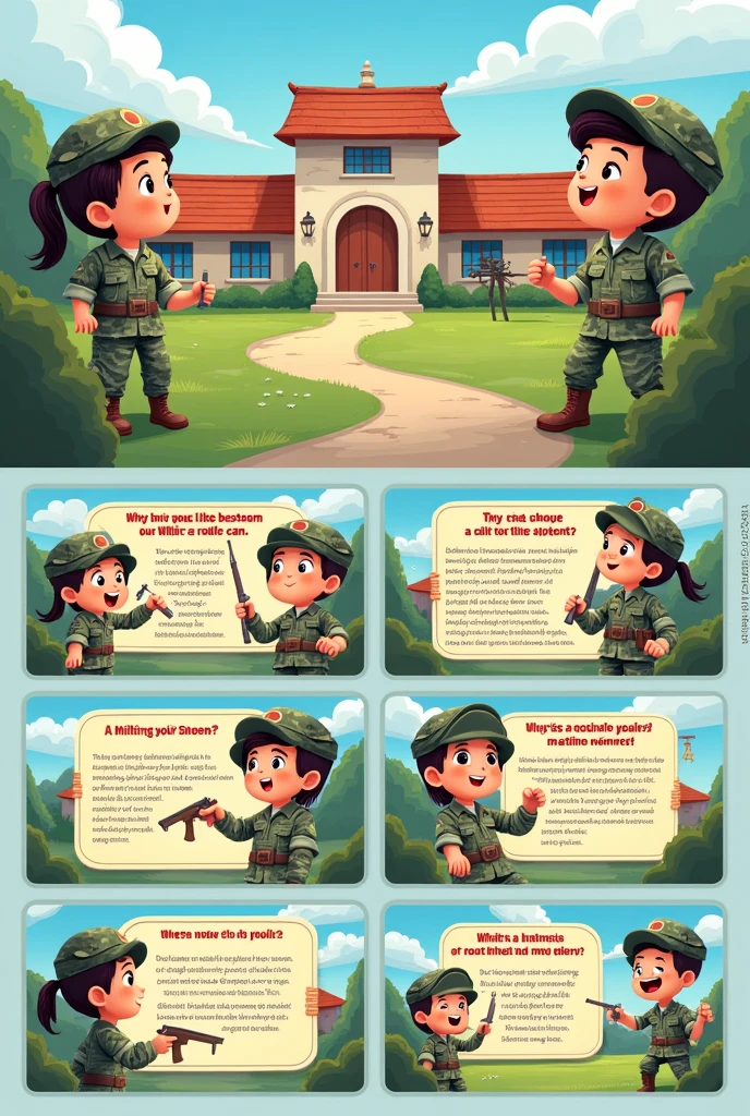Of course！设计一个关于“Understanding military training，乐在青春”的卡通PPT可以让content更加生动有趣。The following is a simple design，可以帮助你组织幻灯片的content和视觉效果。

### Slide 1: Cover - **title**: Understanding military training，Happy Youth - **副title**: 军训中的growing up与乐趣
- **background**: Cartoon style military training scene，For example, a cartoon military camp、playground, etc。
- **icon**: Cartoon soldier、A symbol of youthful vitality（Like sunshine、Smiling faces etc.）

### Slide 2: The significance of military training **title**: The significance of military training **content**:
  - **growing up**: Military training teaches us discipline、团队合作和Tenacity。
  - **challenge**: 面对体能和心理的双重challenge，We become more confident。
  - **Unity**: By working together，We feel the power of team。
- **illustration**: Cartoon characters are undergoing training，An expression of determination and courage。

### Slide 3: Interesting things in military training - **title**: Interesting things in military training - **content**:
  - **Fun Activities**: Interesting team game、Funny training moments。
  - **Unforgettable**: Interesting stories from training、Funny interactions between team members。
- **illustration**: 卡通风格的illustration，For example, characters make mistakes or do funny actions during training.。

### Slide 4: The Harvest of Youth - **title**: The Harvest of Youth - **content**:
  - **self-assurance**: Through military training，We gained more confidence。
  - **friendship**: Made many like-minded friends。
  - **Tenacity**: 变得更加Tenacity，能够面对生活中的各种challenge。
- **illustration**: Cartoon characters celebrating、Hug or show medals together、Certificates, etc.。

### Slide 5: Future Outlook - **title**: Future Outlook - **content**:
  - **继续growing up**: Apply what you have learned in military training to your future life and work。
  - **Stay energized**: Stay positive，迎接更多的challenge。
- **illustration**: Cartoon characters look to the future，Holding objects that symbolize hope and dreams（Like a lighthouse、Stars, etc）。

### Slide 6: Acknowledgements and Conclusion - **title**: Acknowledgements and Conclusion - **content**:
  - Thank you to everyone who participated and supported the military training。
  - 总结军训的核心价值和个人的growing up感悟。
- **illustration**: Cartoon characters waving goodbye，background是温暖的夕阳或星空。

### Design Tips - **color**: Use bright、Lively colors，Like green、Blue and，To reflect youth and vitality。
- **Font**: Choose Concise、易读的Font，搭配一些有趣的Font来突出重点。
- **Animation**: 可以使用简单的Animation效果来增加趣味，But don't overcomplicate，So as not to be distracted。

You can make PPT according to this design，If you need specific images or further assistance，Please tell me！