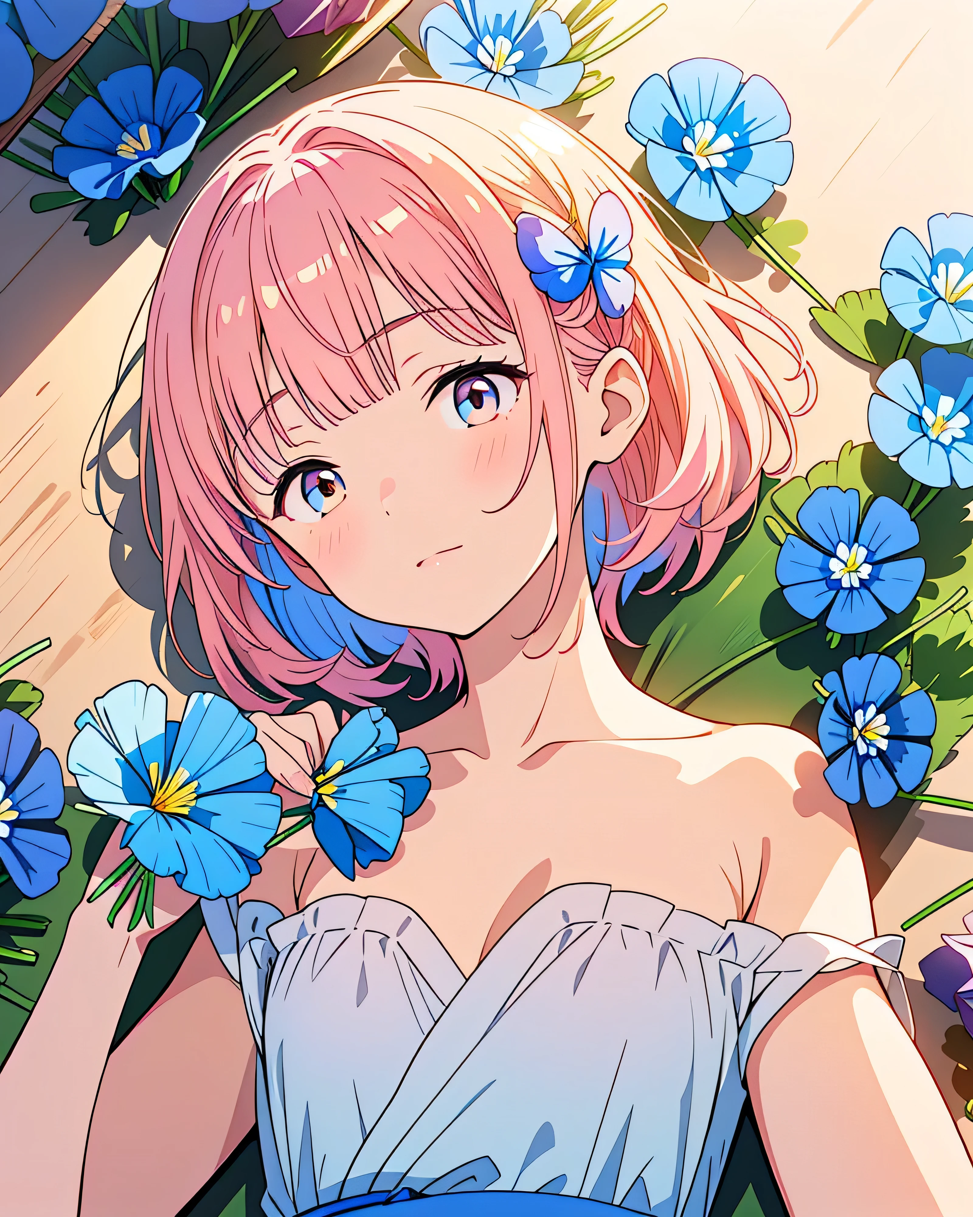 Highest quality, 32K, High resolution, masterpiece:1.5, Beautiful Japanese Girl, Small Face Beauty, An exceptionally beautiful face, Perfect Human Anatomy, ((Colorful Nemophila Fields:1.3)), ((Lie on your back:1.2)), Shot from above, Close your eyes and laugh, ((Shiny pink gold hair:1.1)), ((Medium Hair)), Asymmetrical bangs, Hair between the eyes, Transparent, soft white skin, Sharp eyebrows, Transparent air, Summer sunshine