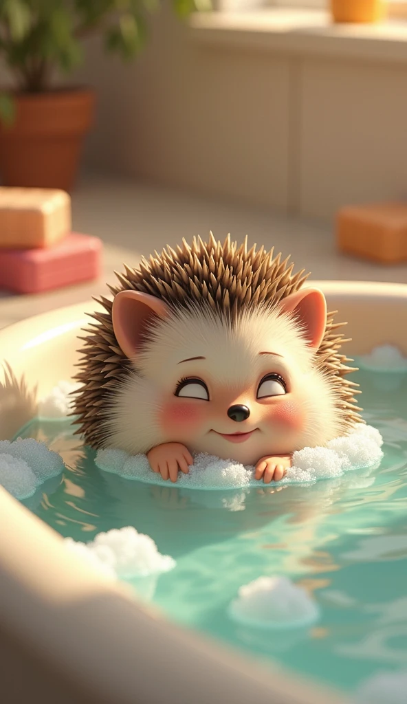 The moment when a hedgehog slowly enters the bathtub、The little body gently soaks in the water.。At first, he looked a little wary.、As you feel the warmth of the water,々Started to loosen、Relaxation is evident on the face。Eyes half closed、With a look of relief、I surrender myself to the comfort of the hot water.。
In the background、Fluffy bubbles and colorful soaps float around、The whole bathroom has a warm and cozy atmosphere.。Ripples appear on the surface of the water、The soft light in the bathroom gently illuminates the hedgehog's relaxed appearance.。A hedgehog enjoying the start of a relaxing bath time.、It brings about a warm and cozy feeling.。