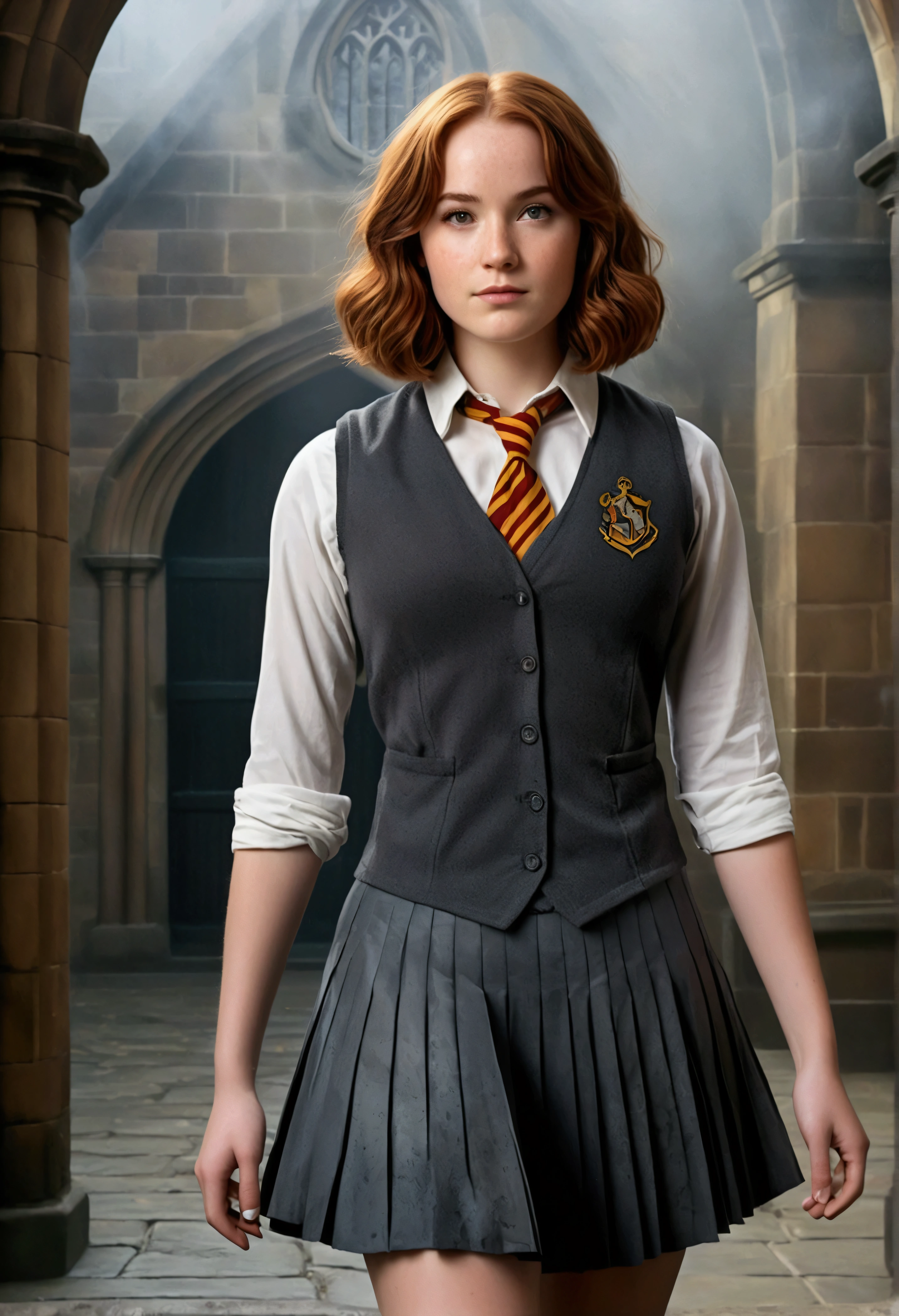 An illustrated movie poster, hand-drawn, full color, a female Hogwarts student, 1, wearing a charcoal vest and a pleated skirt, toned, amazonian stature, athletic hourglass figure, full wide hips, massive round butt, long shapely legs, ridiculously thick powerful thighs, hazel eyes, deep dark auburn hair, short curly bob cut, flushed sun-kissed complexion, freckles, resembles Genevieve O'Reilly, standing in a foggy Hogwarts courtyard, surrounded by mist, graphite shading, stencil marks, airbrushed acrylic paint, masterpiece, in the Deathly Hallows 