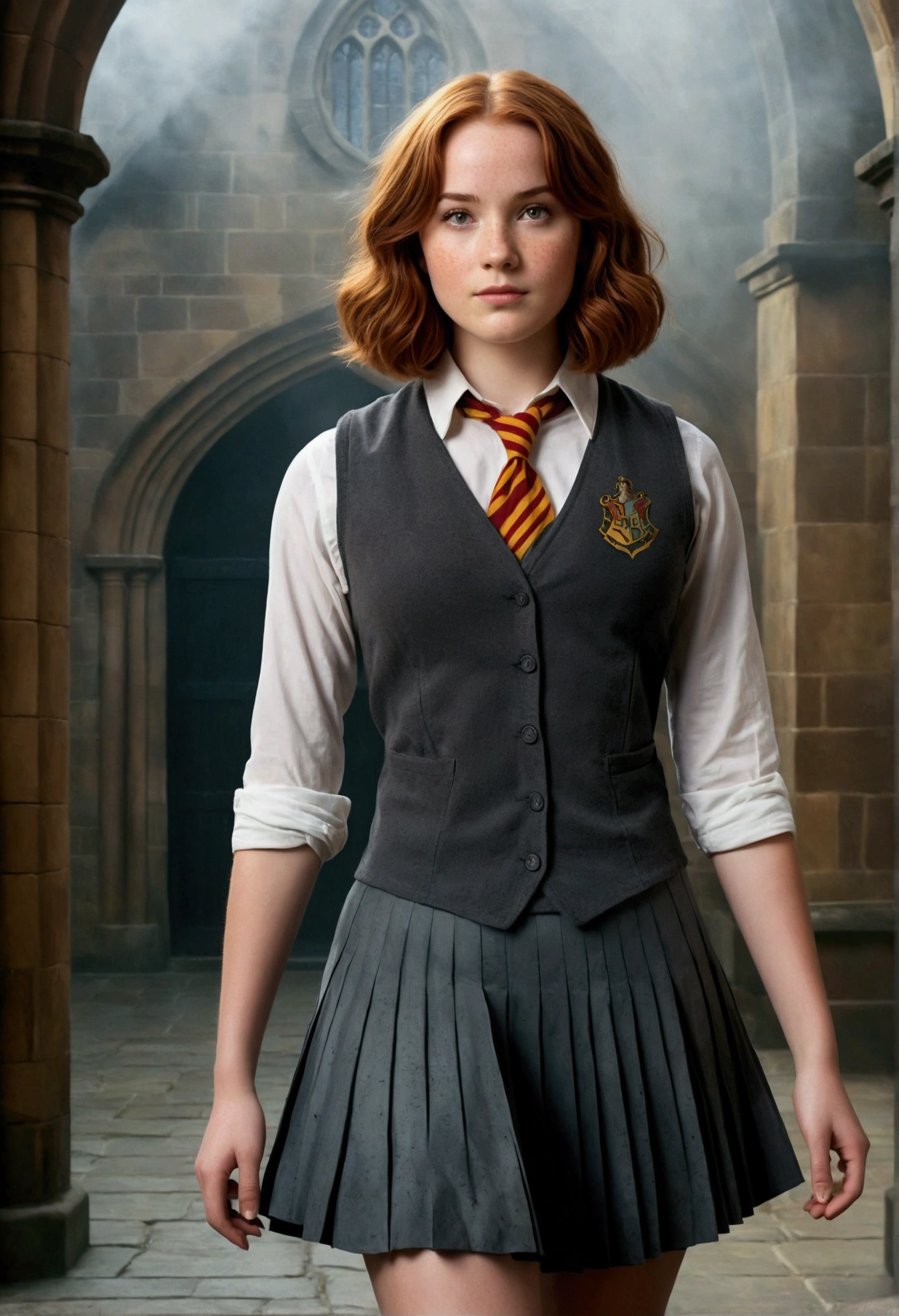 An illustrated movie poster, hand-drawn, full color, a female Hogwarts student, 1, wearing a charcoal vest and a pleated skirt, toned, amazonian stature, athletic hourglass figure, full wide hips, massive round butt, long shapely legs, ridiculously thick powerful thighs, hazel eyes, deep dark auburn hair, short curly bob cut, flushed sun-kissed complexion, freckles, resembles Genevieve O'Reilly, standing in a foggy Hogwarts courtyard, surrounded by mist, graphite shading, stencil marks, airbrushed acrylic paint, masterpiece, in the Deathly Hallows