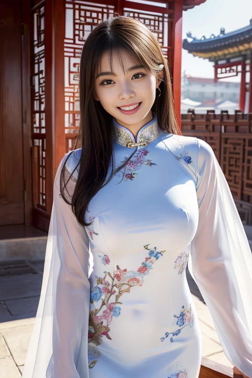 Fair skin,8k,Ultra-high resolution,Super detailed,Highest quality,Look at the viewers、Perfect lighting,flat light,super high quality,Ultra-high resolution,masterpiece,Realistic,Detailed face,Perfect Anatomy,Slender body、Young face、smile、Sweating、Flushed Cheeks、chinese shrine、Clear winter weather、((chinese garment))、((Tight Chinese dress))、Nice and cute, An innocent smile, , A lovely smile, (A big bust that seems to burst:1.20),(Beautiful Big 1:1)、Beautiful Eyes、Please show me your whole body、Beautiful legs visible from the slit、カンフーのポーズ