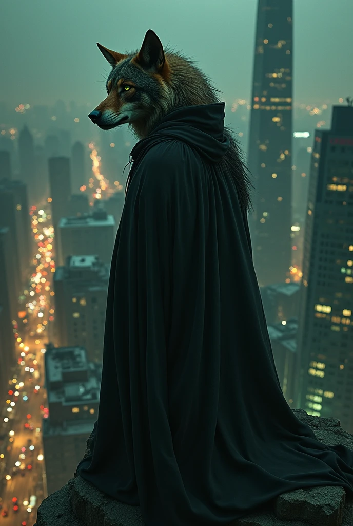 Wolf woman with dark brown fur and green eyes, wearing a black witch's robe with a hood. She is on top of a building in a big city at night., watching hidden all humans below.