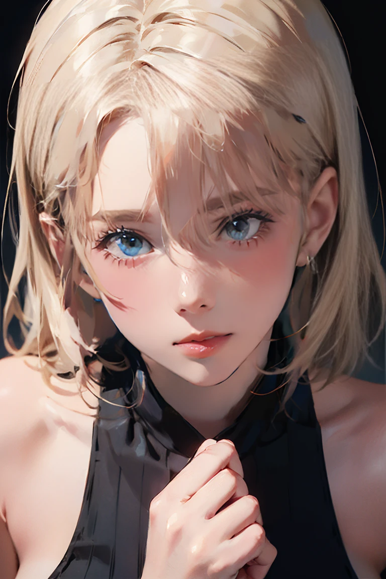 A submissive woman ((kneeling on the floor)) is looking at me while in first person view I caress her face, She has short straight blonde hair, being a natural blonde with bangs on her forehead and blue eyes. She wears a simple black outfit. ((First person view)) as if I myself was standing in front of her stroking her face, I see my arm stretched out and my hand caressing her face as she rests her face on my hand to feel my caresses, she has a satisfied expression with a small sweet smile.